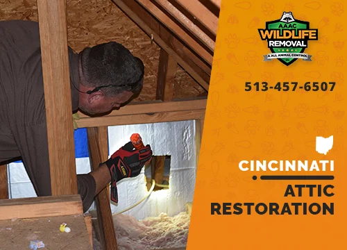Wildlife Pest Control operator inspecting an attic in Cincinnati before restoration